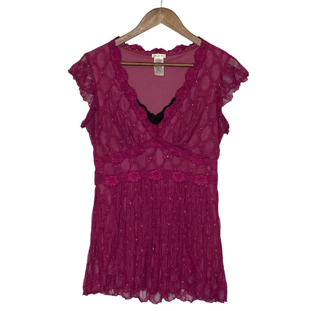 Womens Y2K Lace Babydoll Top Large Pink Fairy Grunge Whimsigoth Romantic Sparkle